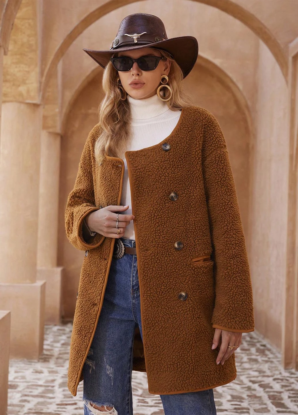 Коричневое демисезонное Пальто двубортное SHEIN