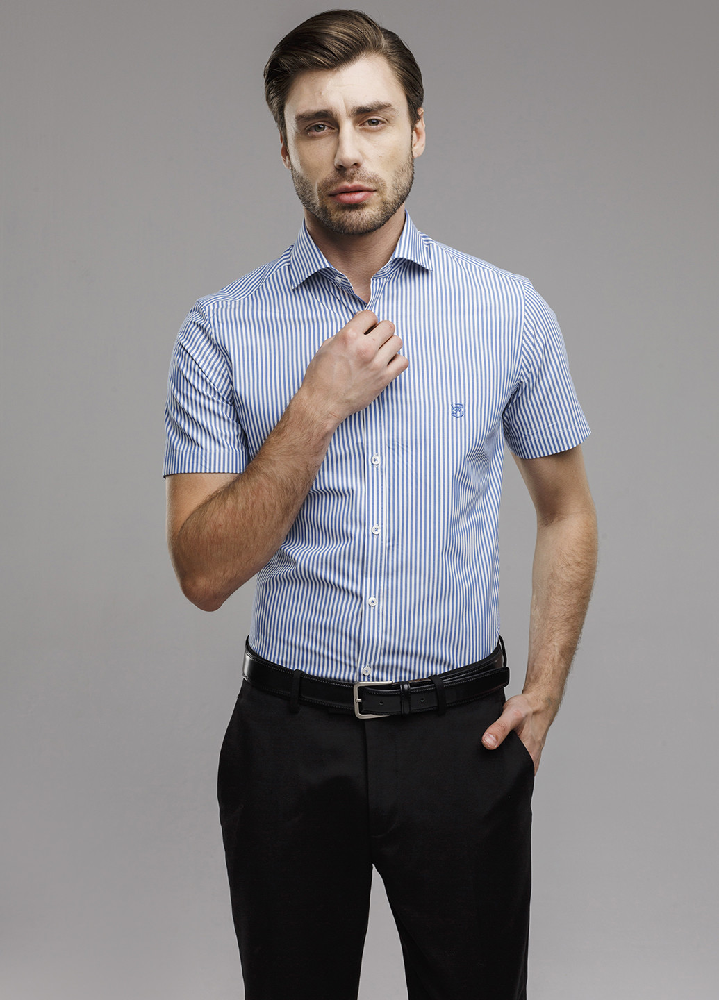 Голубой классическая рубашка в полоску Franttini с коротким рукавом