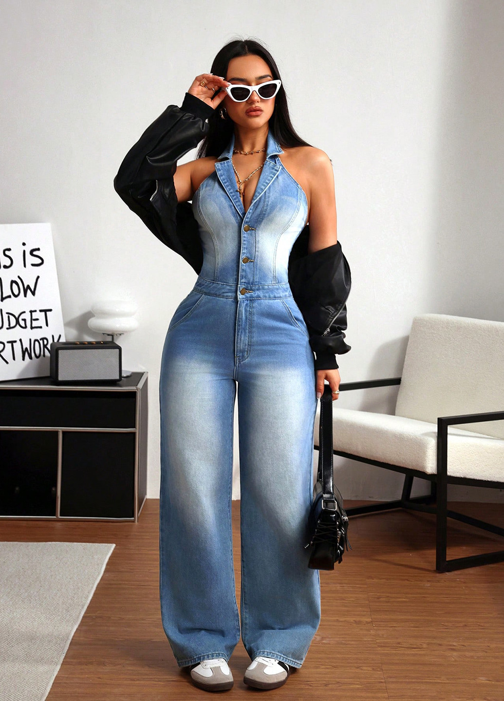 Комбинезон SHEIN комбинезон-брюки варенка голубой денил, кэжуал хлопок, джинс