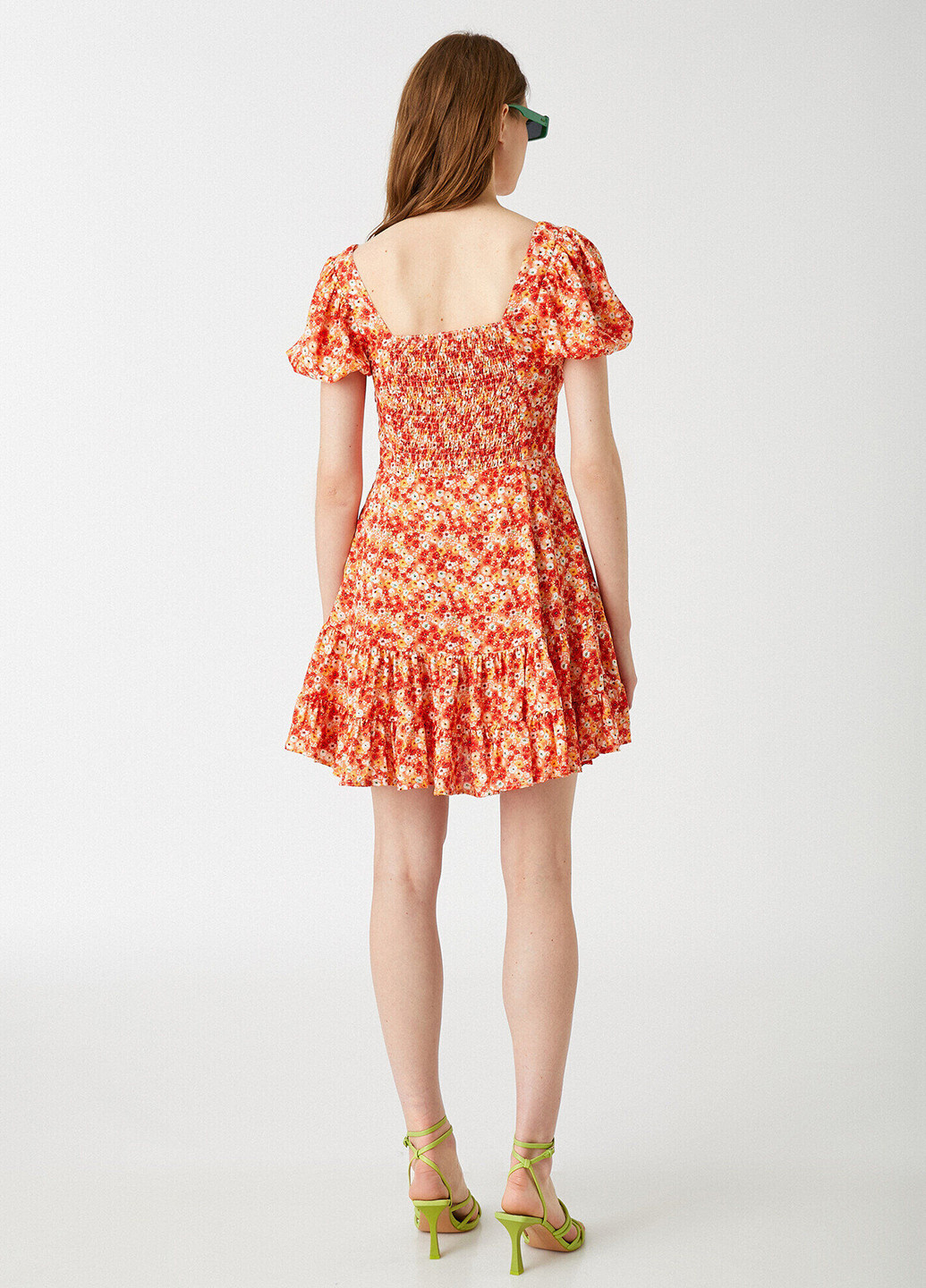 Оранжевое кэжуал платье клеш KOTON с цветочным принтом