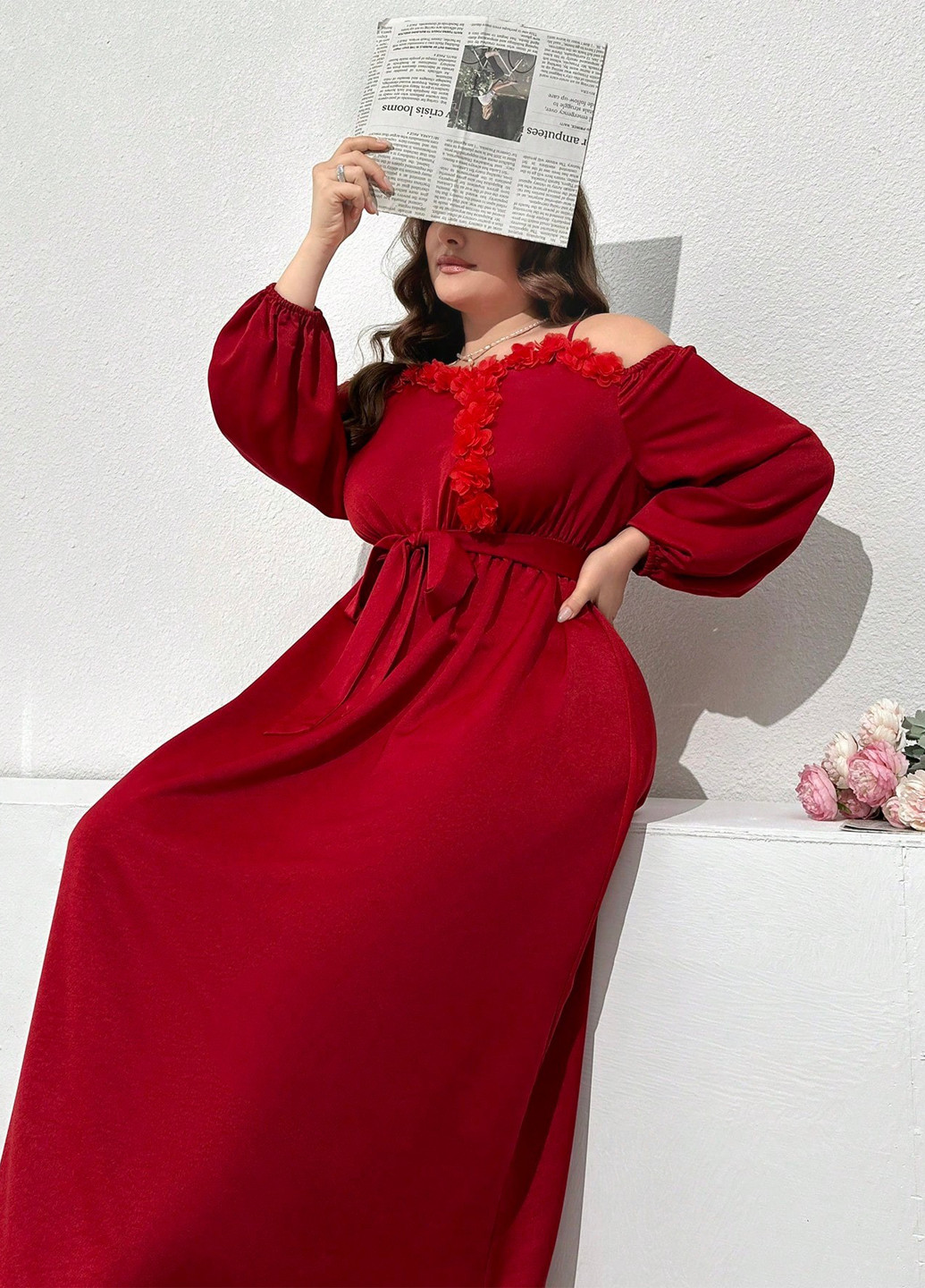 Темно-красное кэжуал платье с открытыми плечами, в стиле ампир SHEIN однотонное