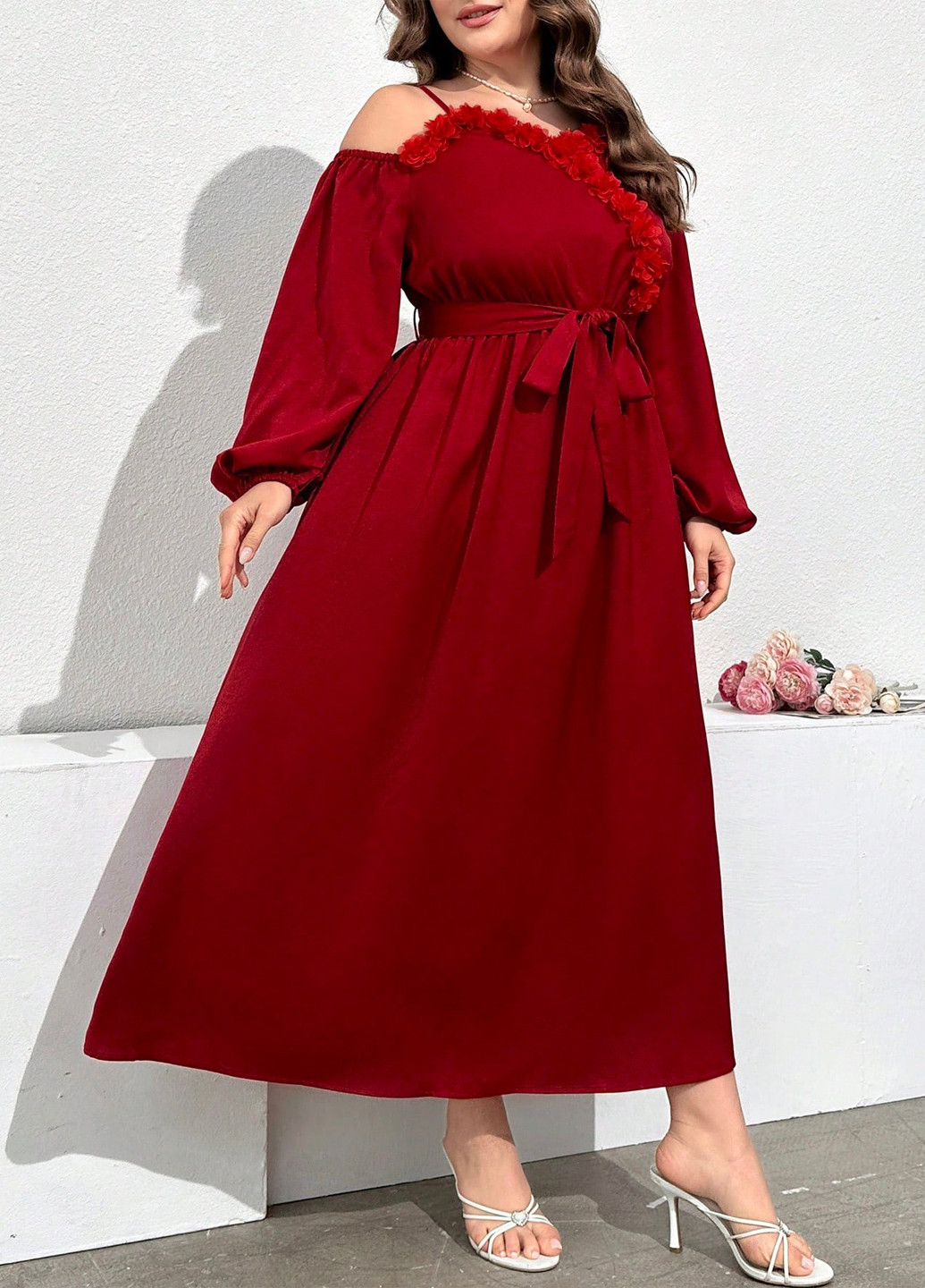 Темно-красное кэжуал платье с открытыми плечами, в стиле ампир SHEIN однотонное