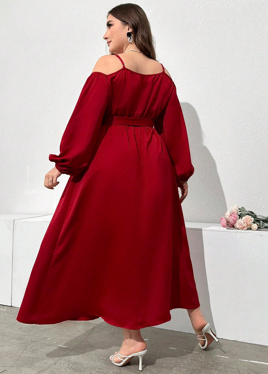 Темно-красное кэжуал платье с открытыми плечами, в стиле ампир SHEIN однотонное