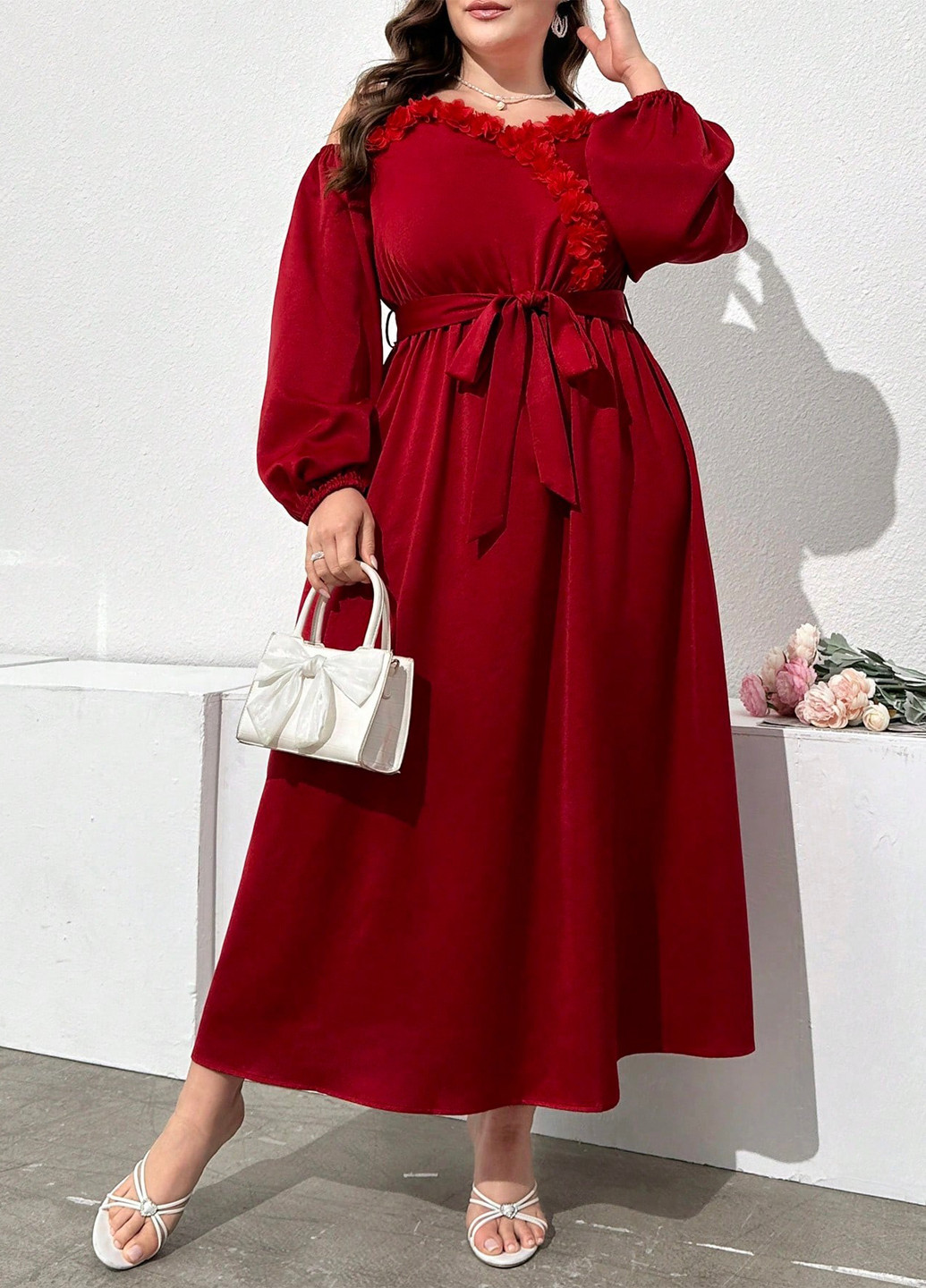 Темно-красное кэжуал платье с открытыми плечами, в стиле ампир SHEIN однотонное