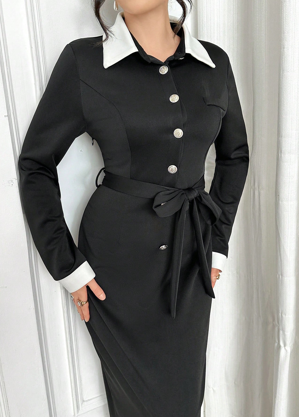 Черное кэжуал, деловое платье рубашка SHEIN колор блок