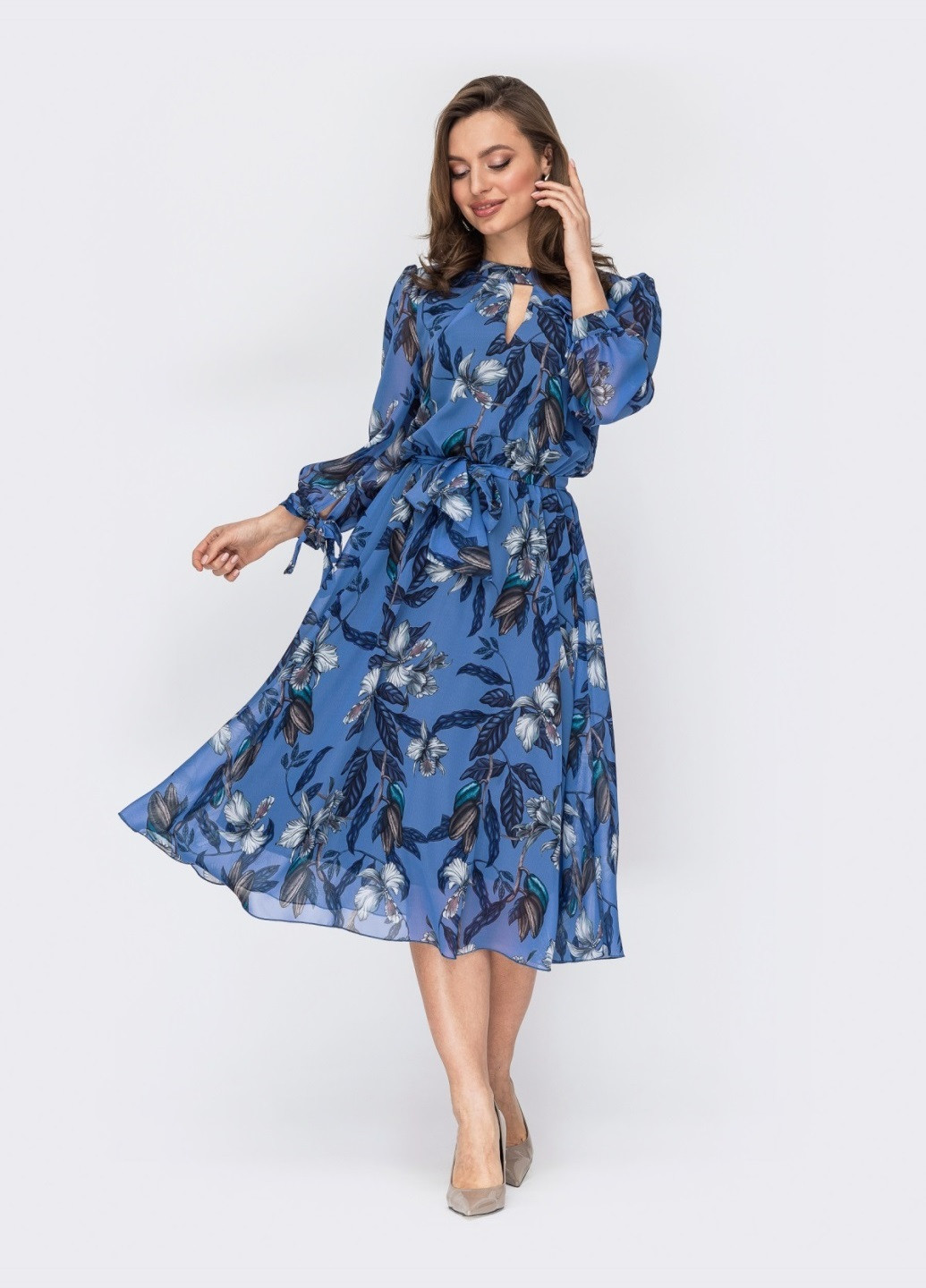 Синя кежуал шифонове кежуал плаття-міді блакитного кольору з вирізом «крапля» і квітковим принтом кльош Dressa з квітковим принтом