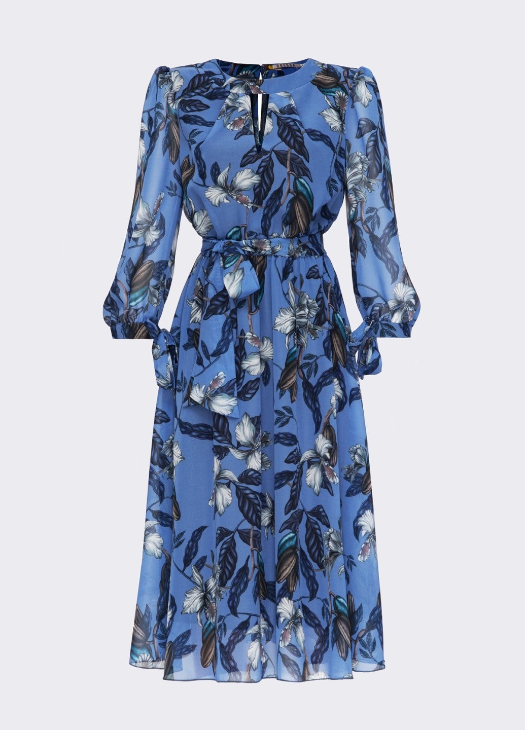 Синя кежуал шифонове кежуал плаття-міді блакитного кольору з вирізом «крапля» і квітковим принтом кльош Dressa з квітковим принтом