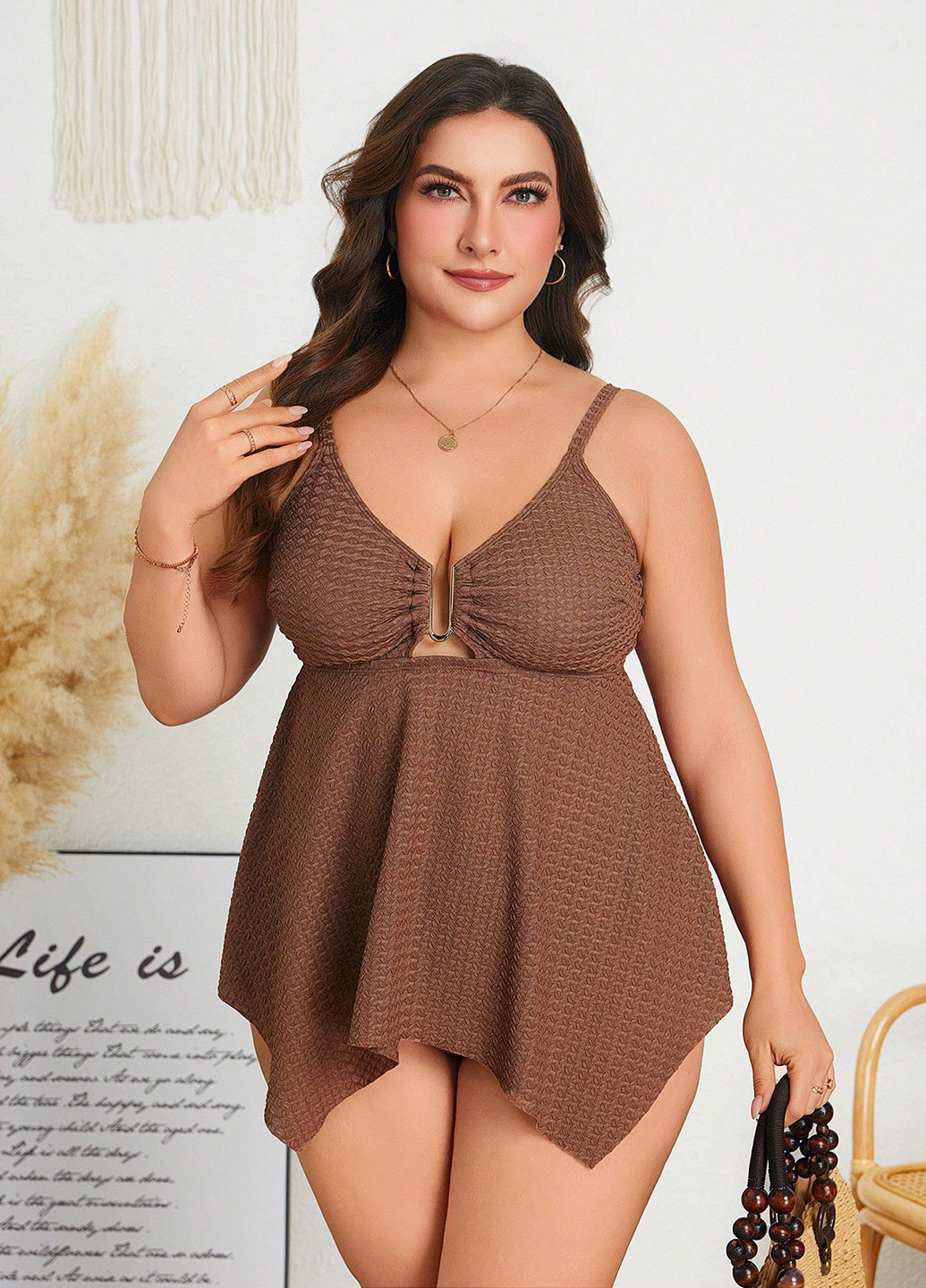 Коричневый летний купальник (лиф, трусики) танкини, раздельный SHEIN