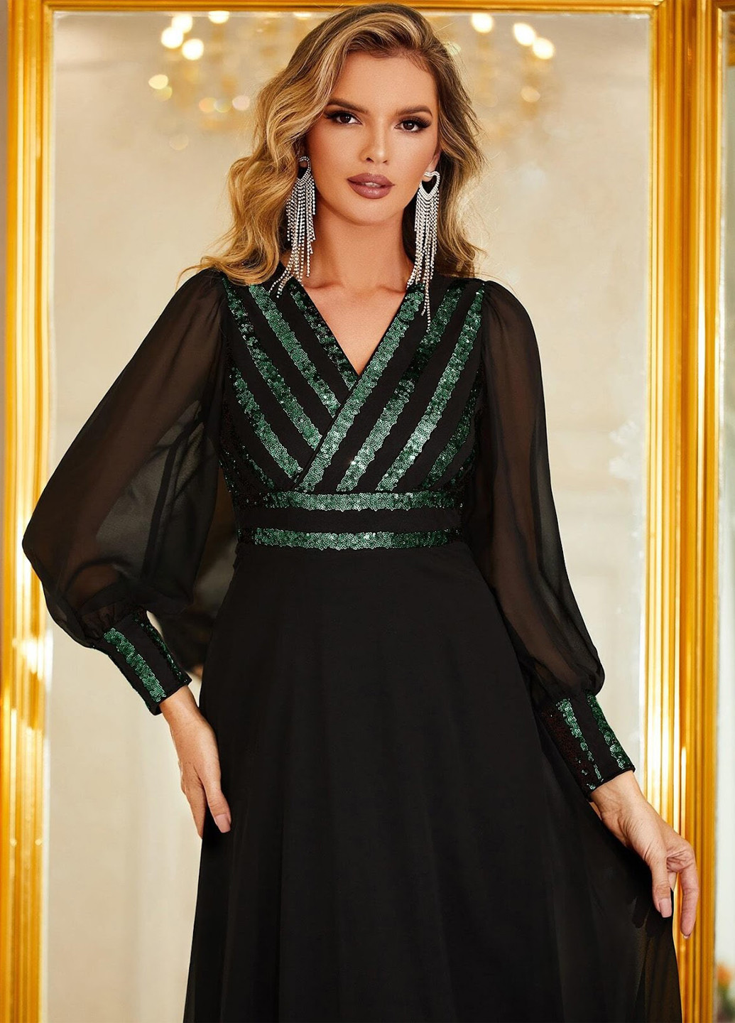 Черное вечернее платье на запах, клеш SHEIN однотонное