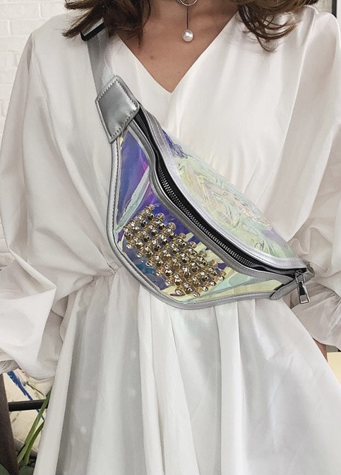 Жіноча голографічна прозора бананка дитяча блискуча поясна сумка срібна NoName (251204296)