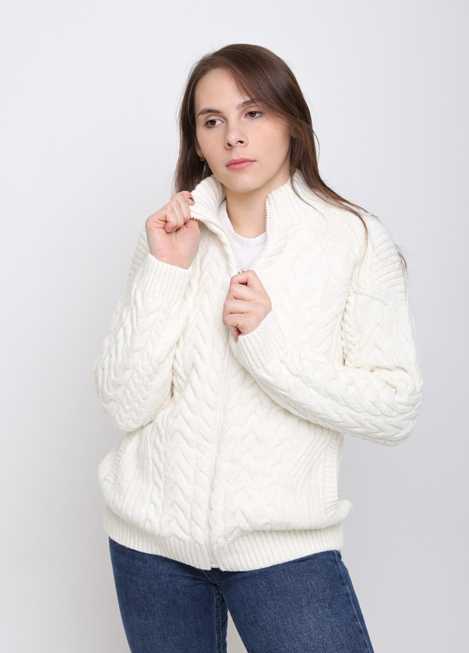 Белый зимний свитер женский на молнии белый вязаный косами Pulltonic Прямая