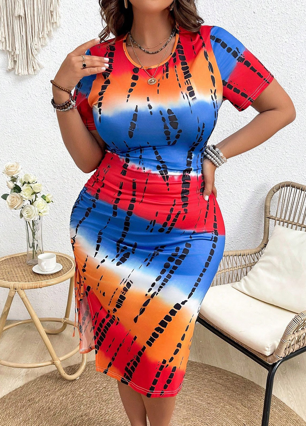 Комбинированное кэжуал платье платье-футболка, силуэтная SHEIN с абстрактным узором