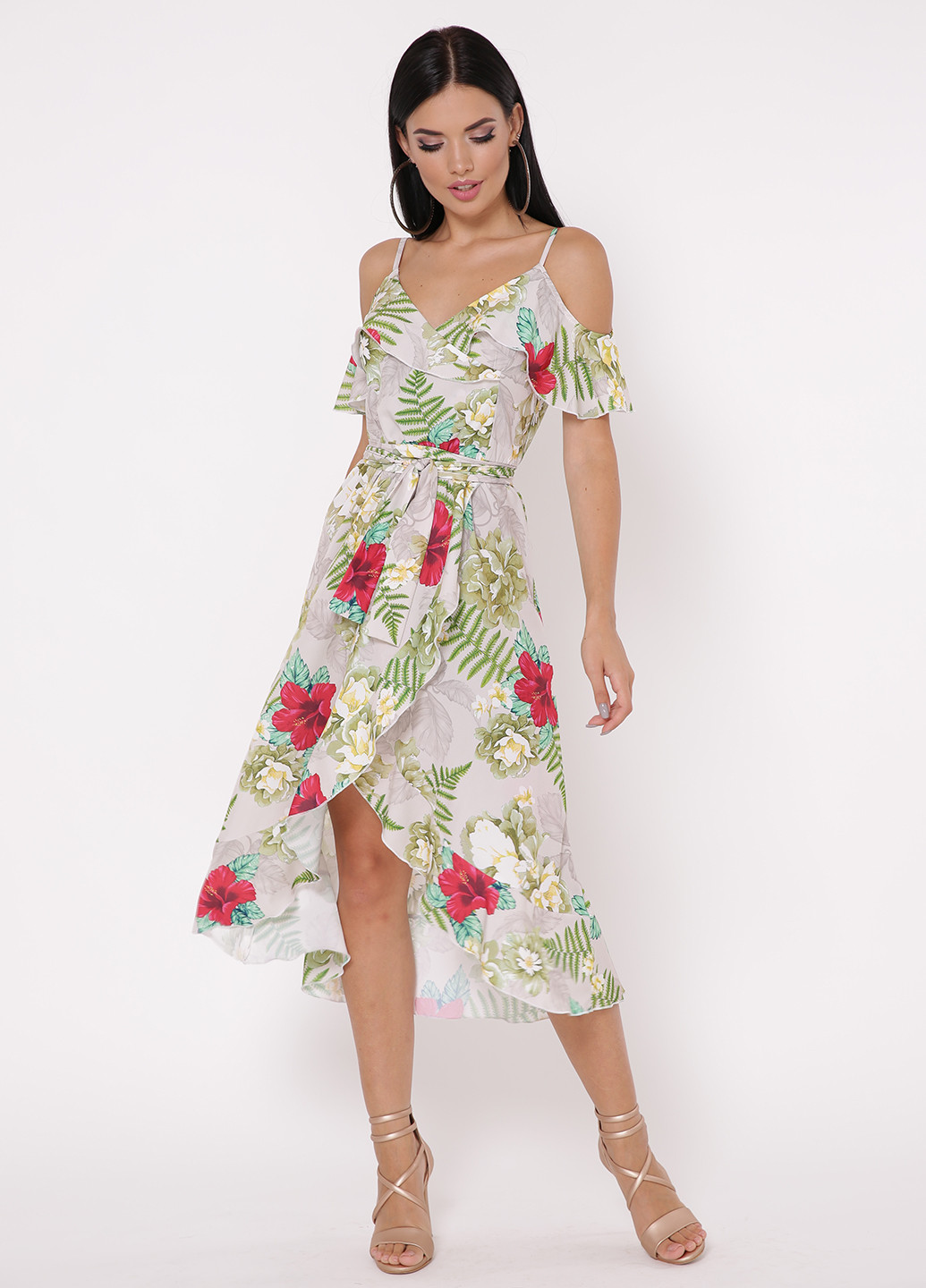 Бежевое кэжуал платье на запах TessDress с цветочным принтом