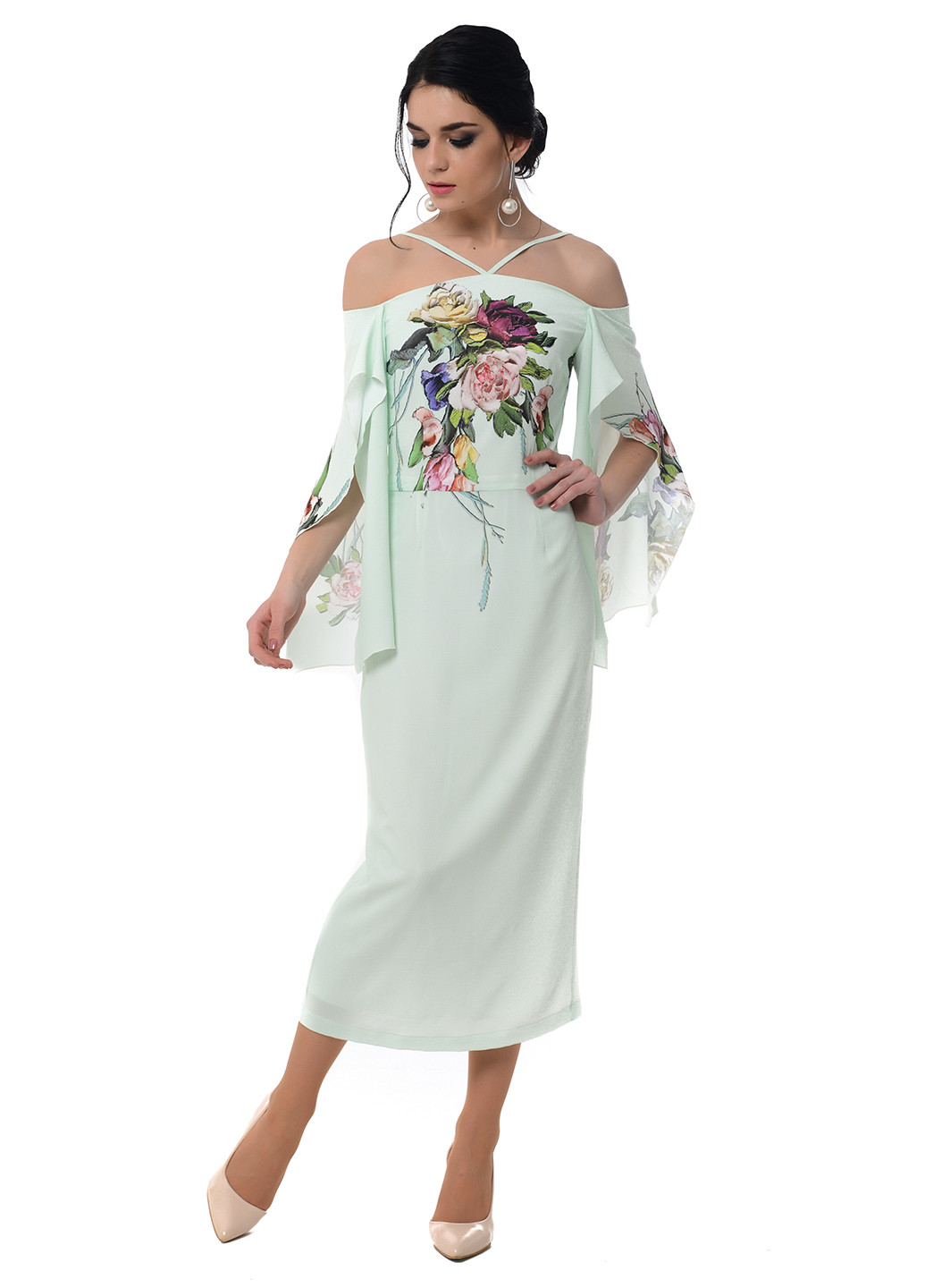 М'ятна коктейльна плаття, сукня Iren Klairie з квітковим принтом