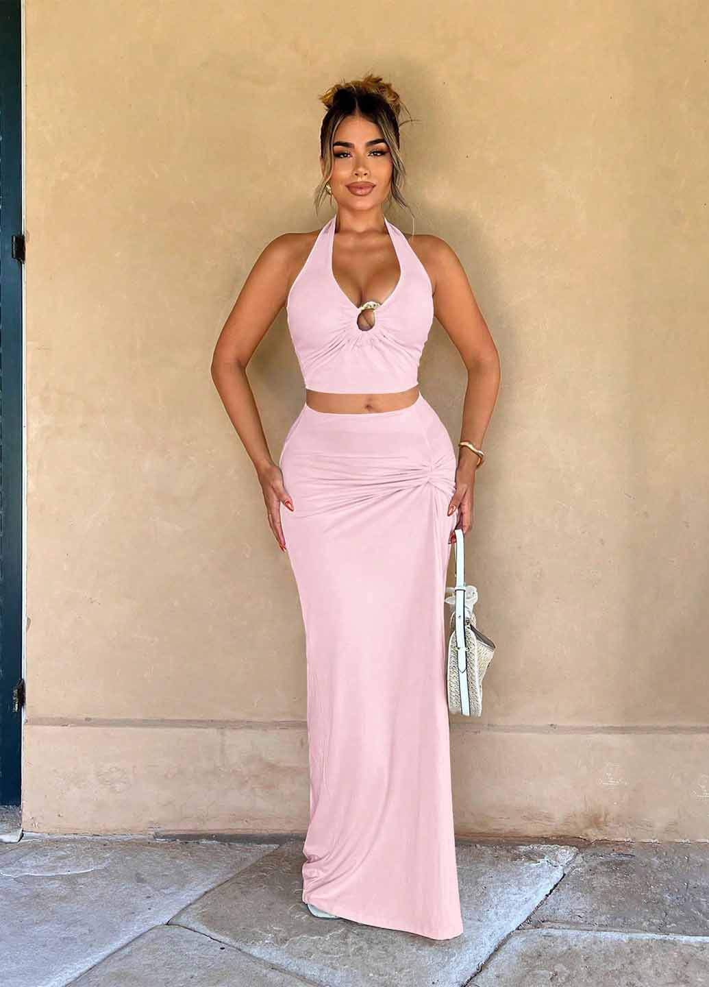 Светло-розовый летний комплект (топ, юбка) SHEIN