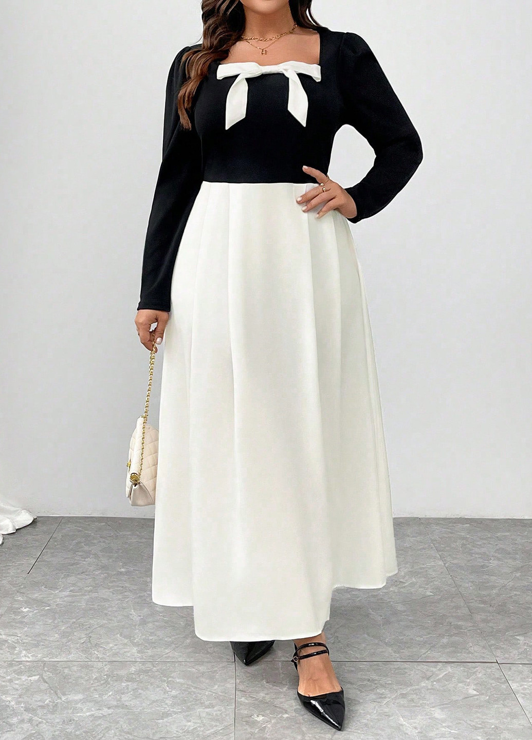 Чорно-білий кежуал, святковий сукня кльош SHEIN колор блок