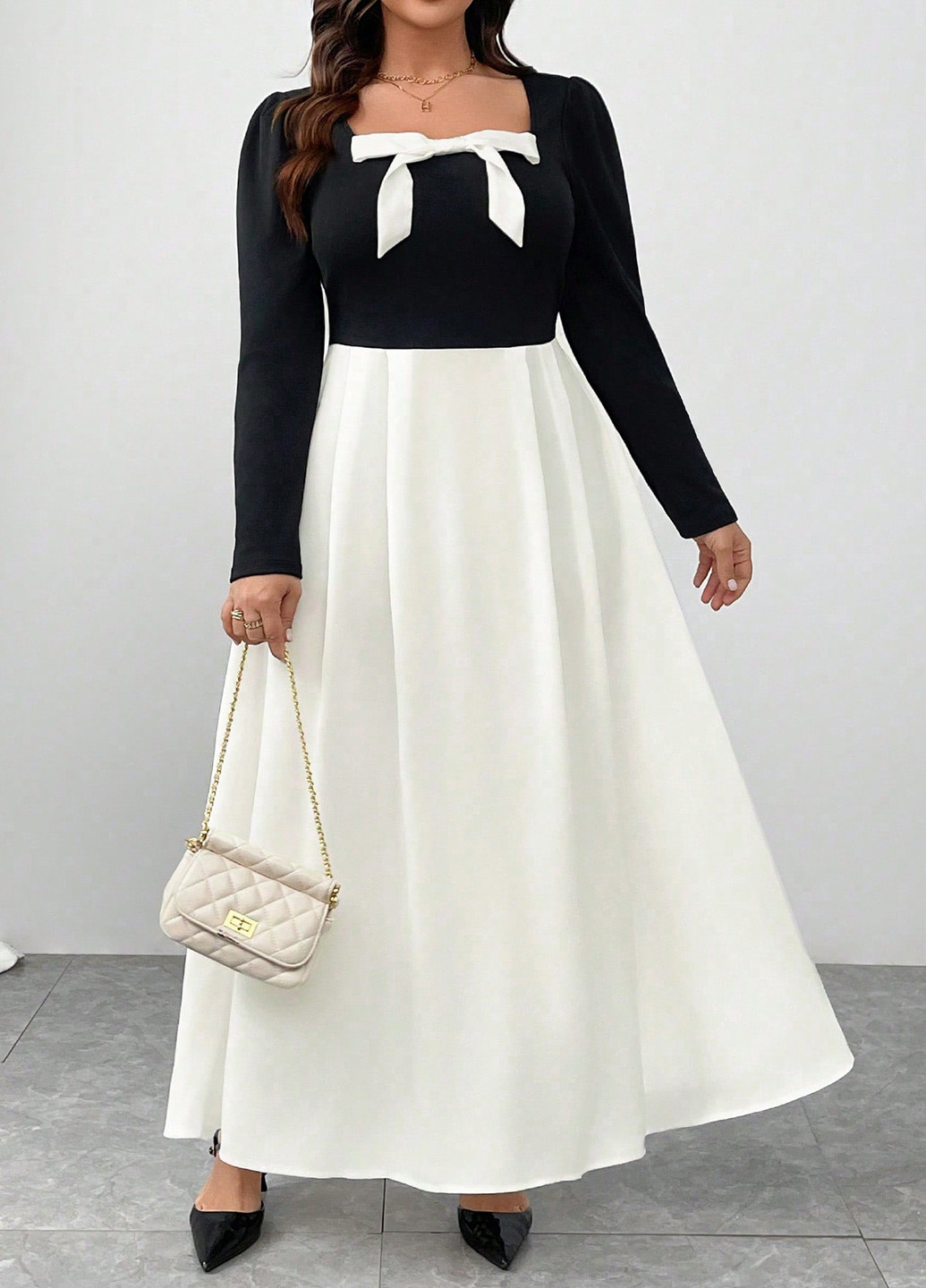 Чорно-білий кежуал, святковий сукня кльош SHEIN колор блок