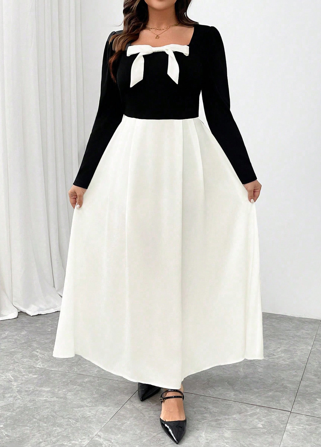 Чорно-білий кежуал, святковий сукня кльош SHEIN колор блок