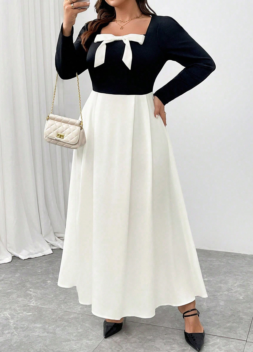 Чорно-білий кежуал, святковий сукня кльош SHEIN колор блок