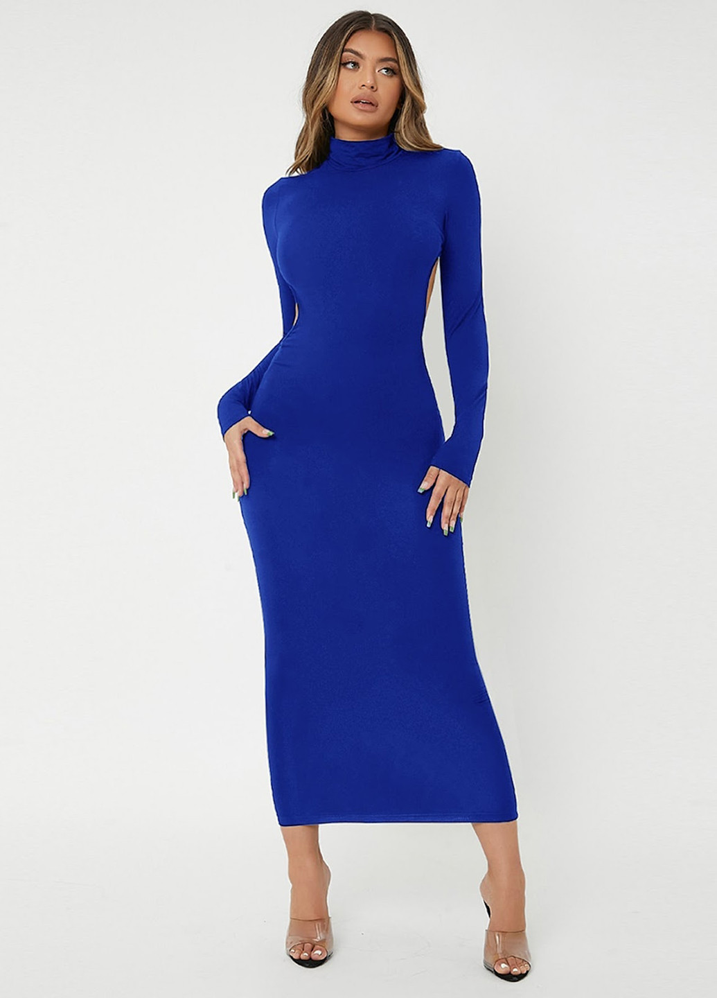 Синя кежуал сукня силуетна, сукня-водолазка, з відкритою спиною SHEIN однотонна