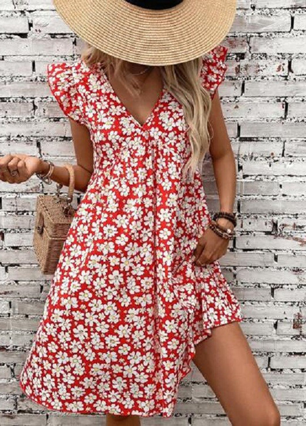 Комбинированное кэжуал платье клеш SHEIN с цветочным принтом