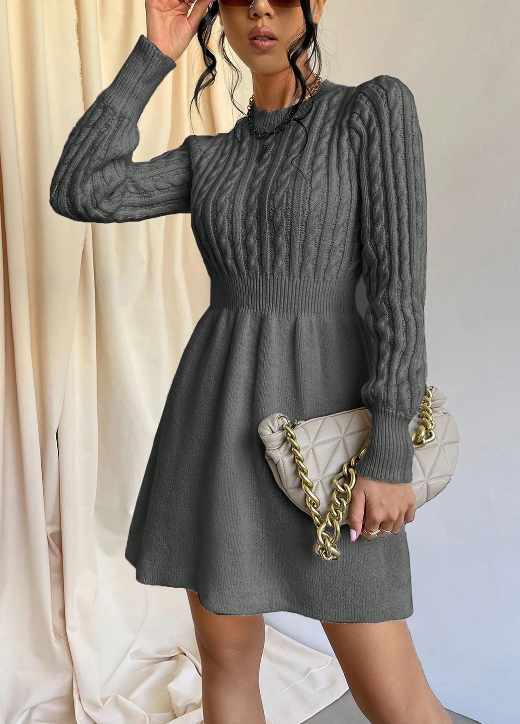 Серое кэжуал платье клеш, платье-свитер SHEIN однотонное