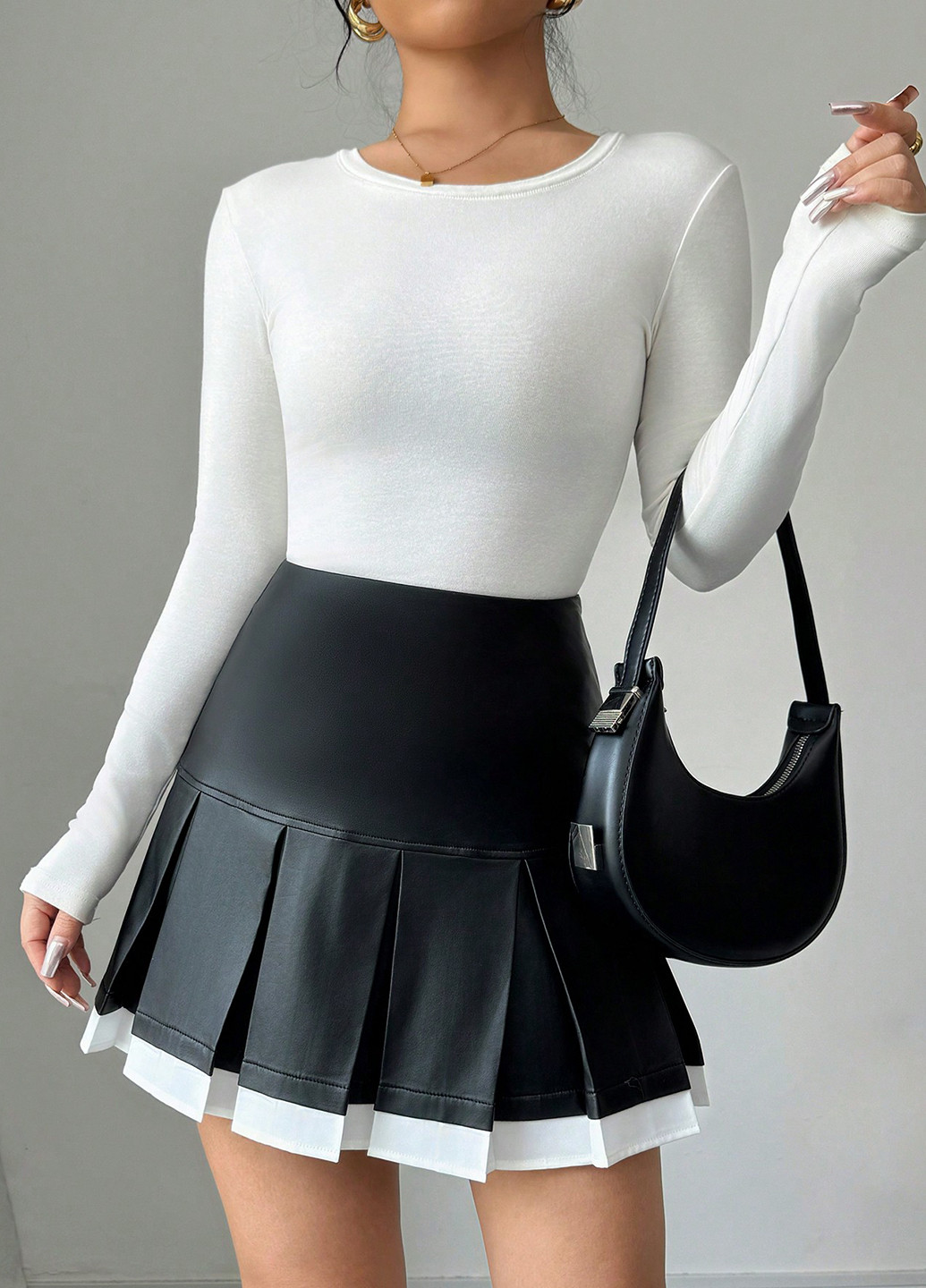 Черно-белая кэжуал колор блок юбка SHEIN плиссе, а-силуэта (трапеция)