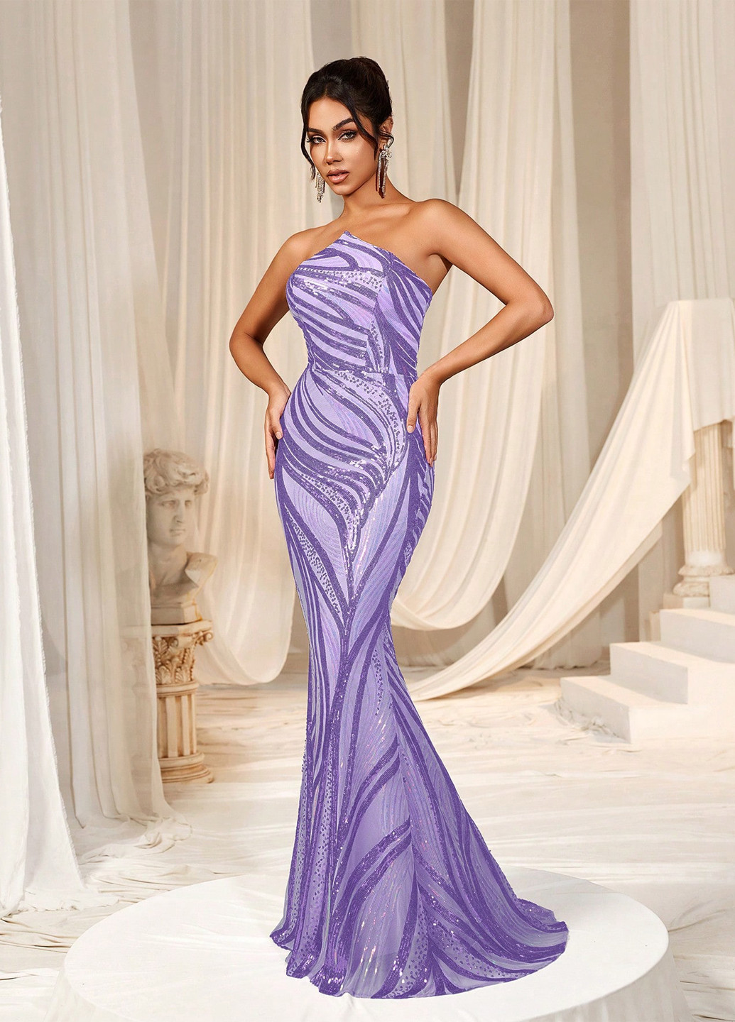 Фиолетовое вечернее платье годе, с открытыми плечами, бандо, с открытой спиной SHEIN с геометрическим узором