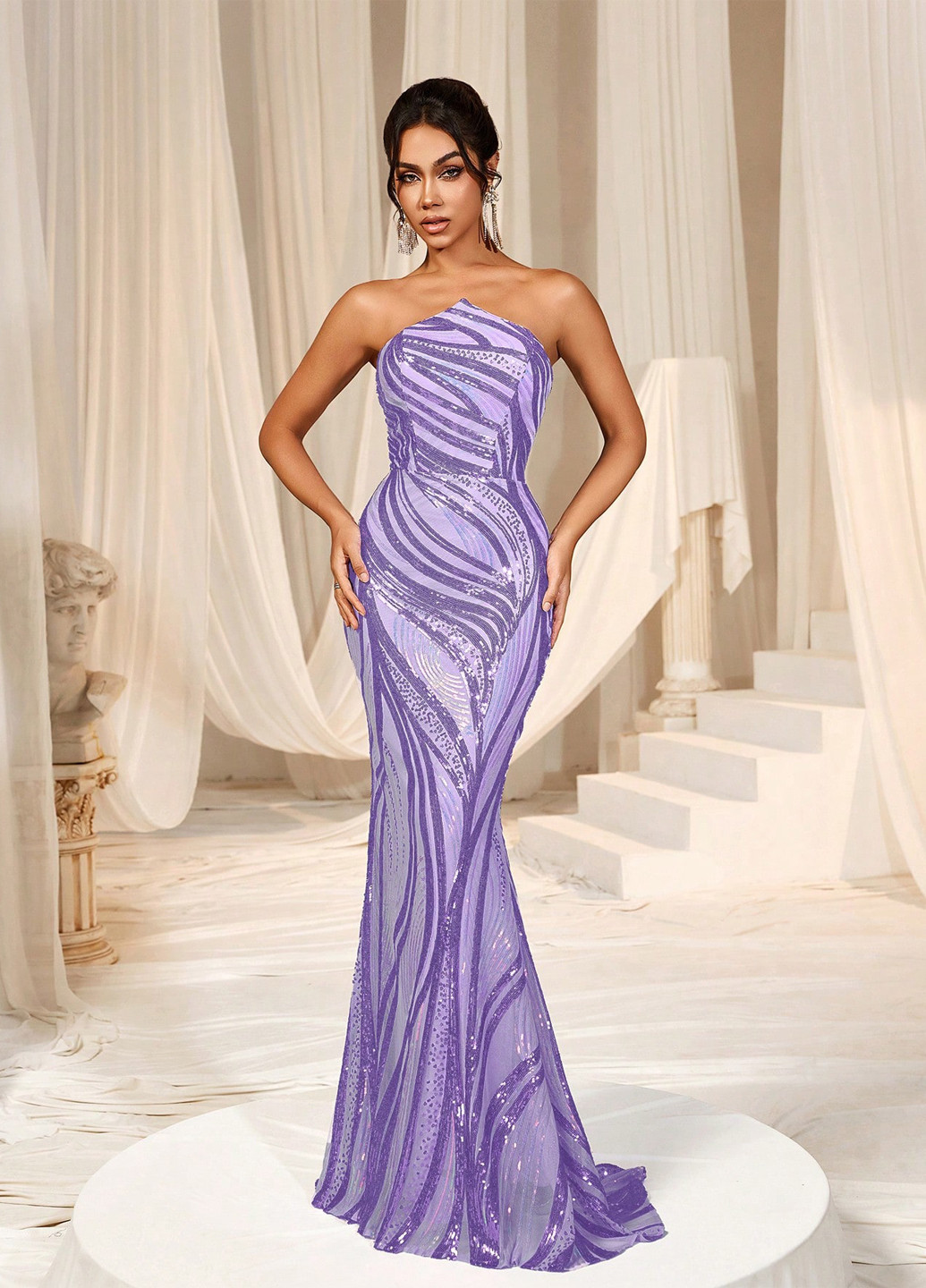 Фиолетовое вечернее платье годе, с открытыми плечами, бандо, с открытой спиной SHEIN с геометрическим узором