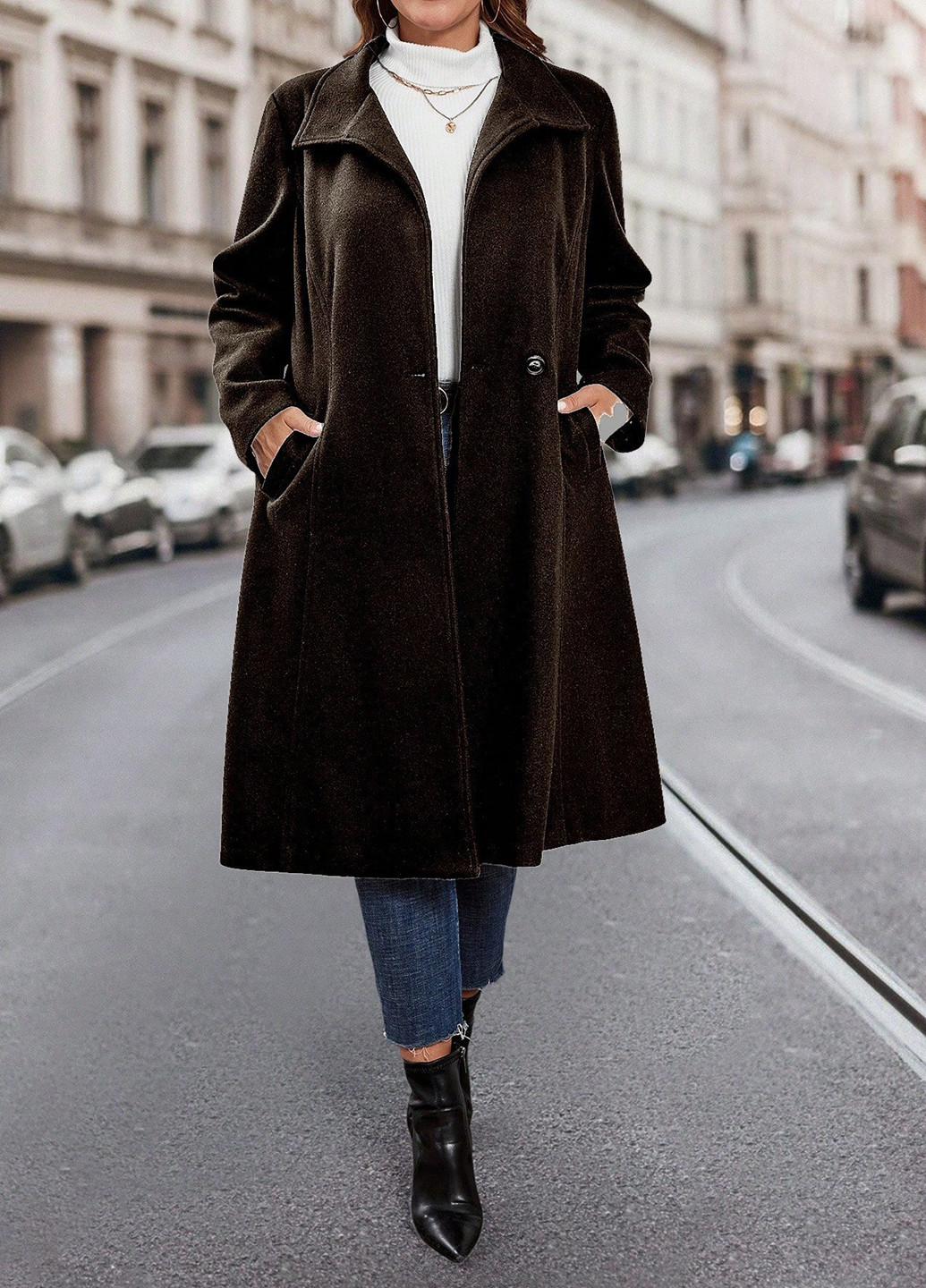 Темно-коричневое демисезонное Пальто двубортное SHEIN