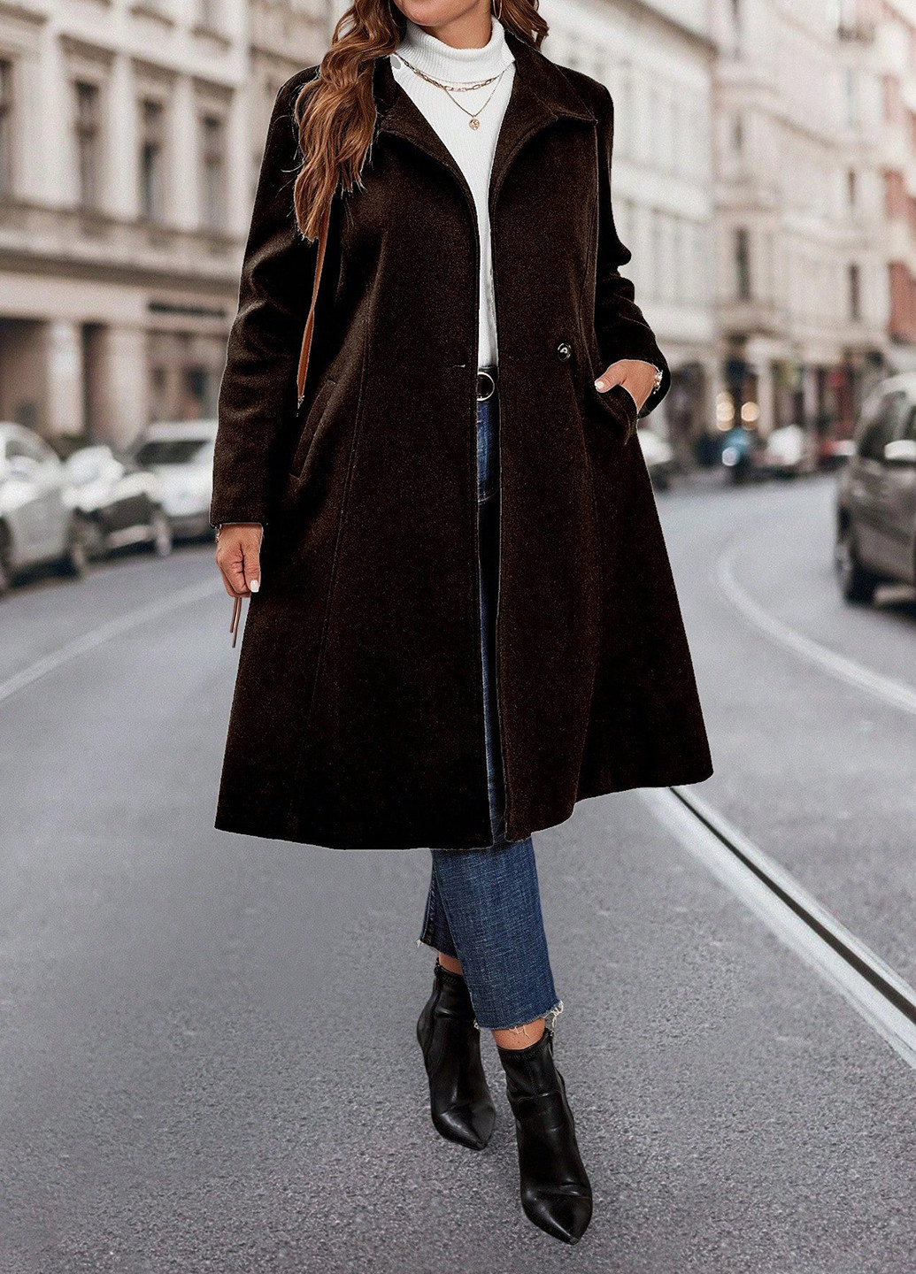Темно-коричневое демисезонное Пальто двубортное SHEIN