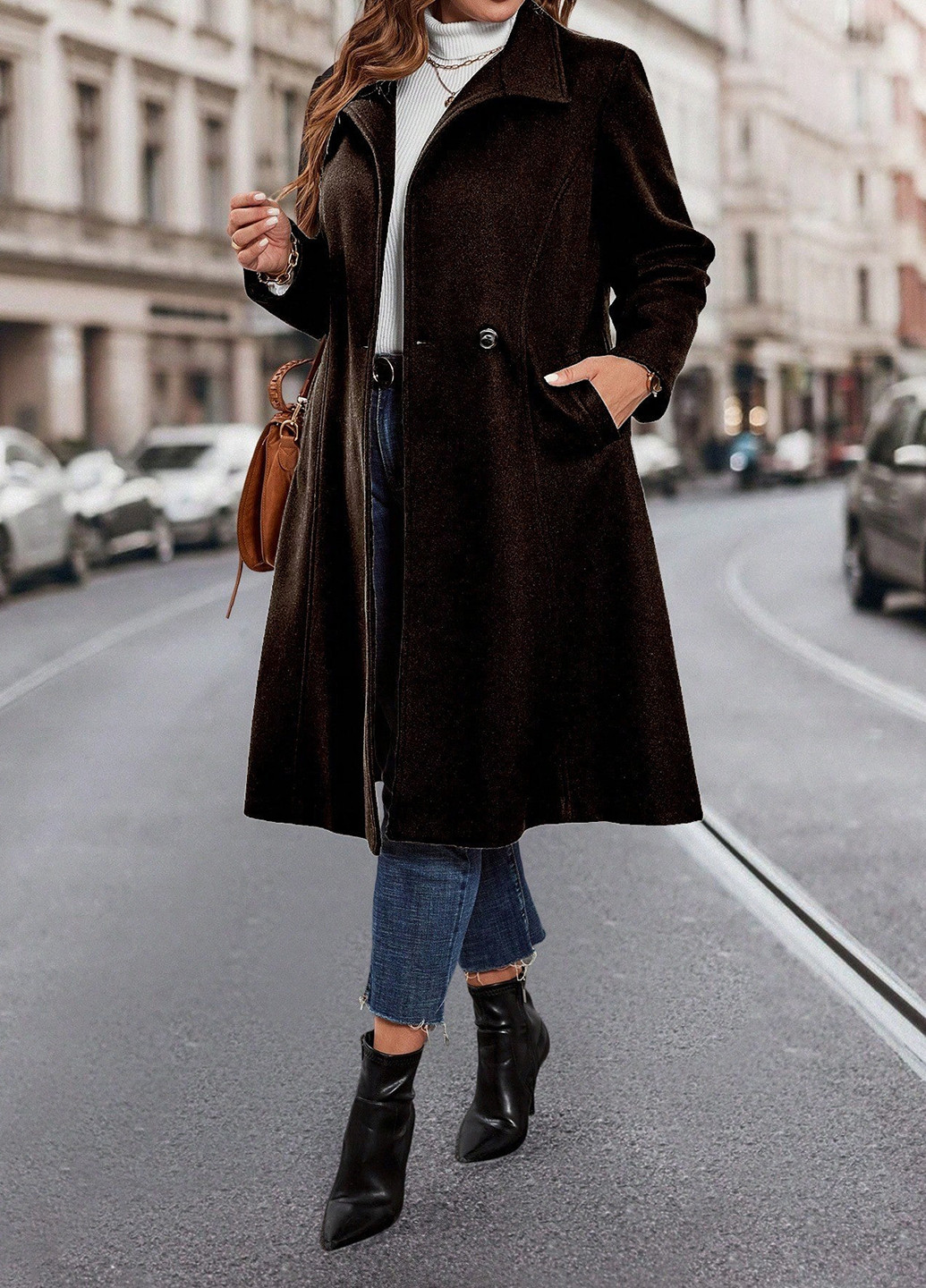 Темно-коричневое демисезонное Пальто двубортное SHEIN