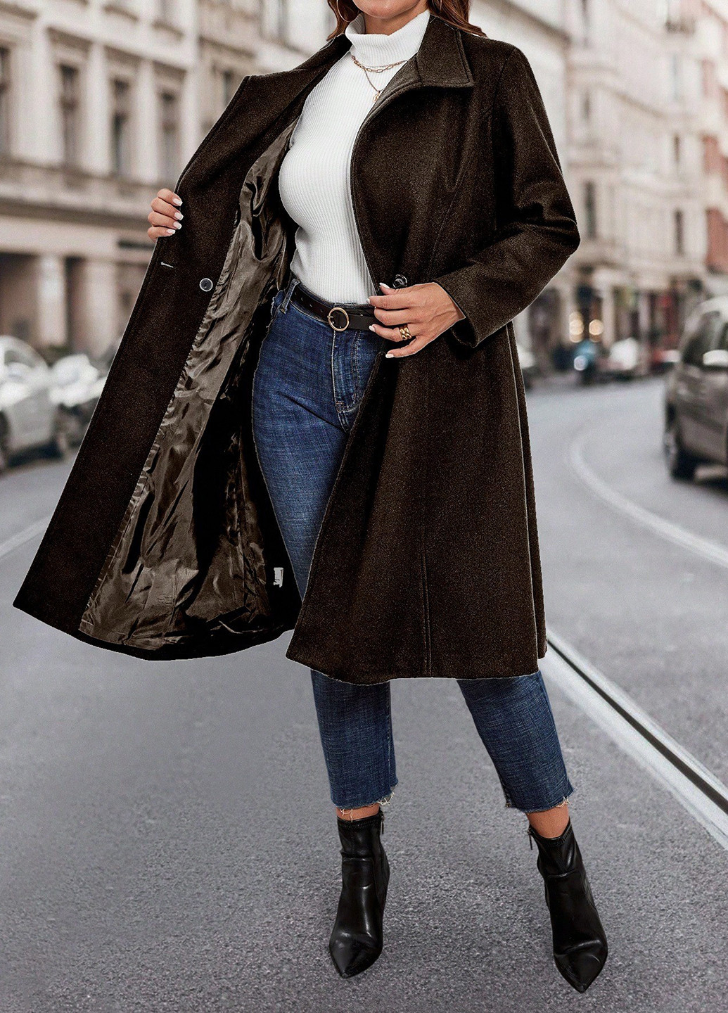 Темно-коричневое демисезонное Пальто двубортное SHEIN