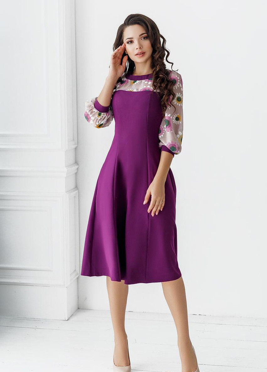 Темно-фиолетовое женское платье со вставками из принтованого шифона фиолетовое р.42/44 381707 New Trend