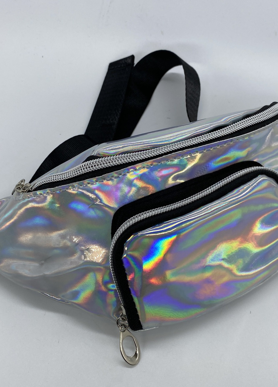 Жіноча дитяча голографічна блискуча бананка на два відділу "БЛЕСК1" поясна сумка срібна NoName (251204312)