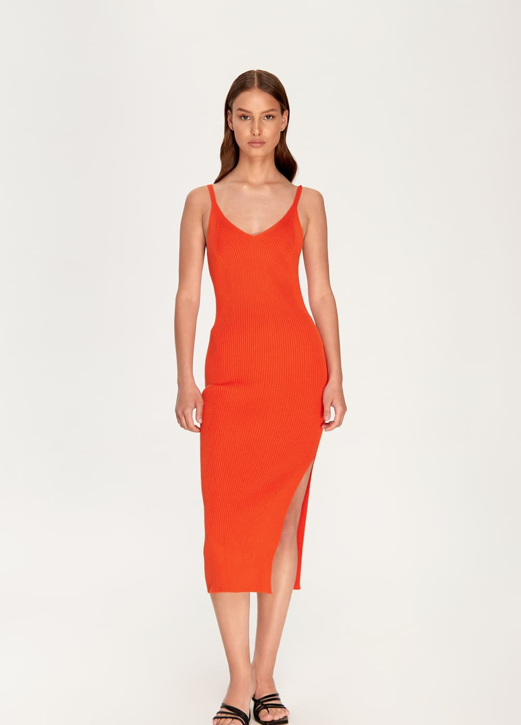 Оранжевое кэжуал трикотажное платье миди платье-майка Papaya однотонное