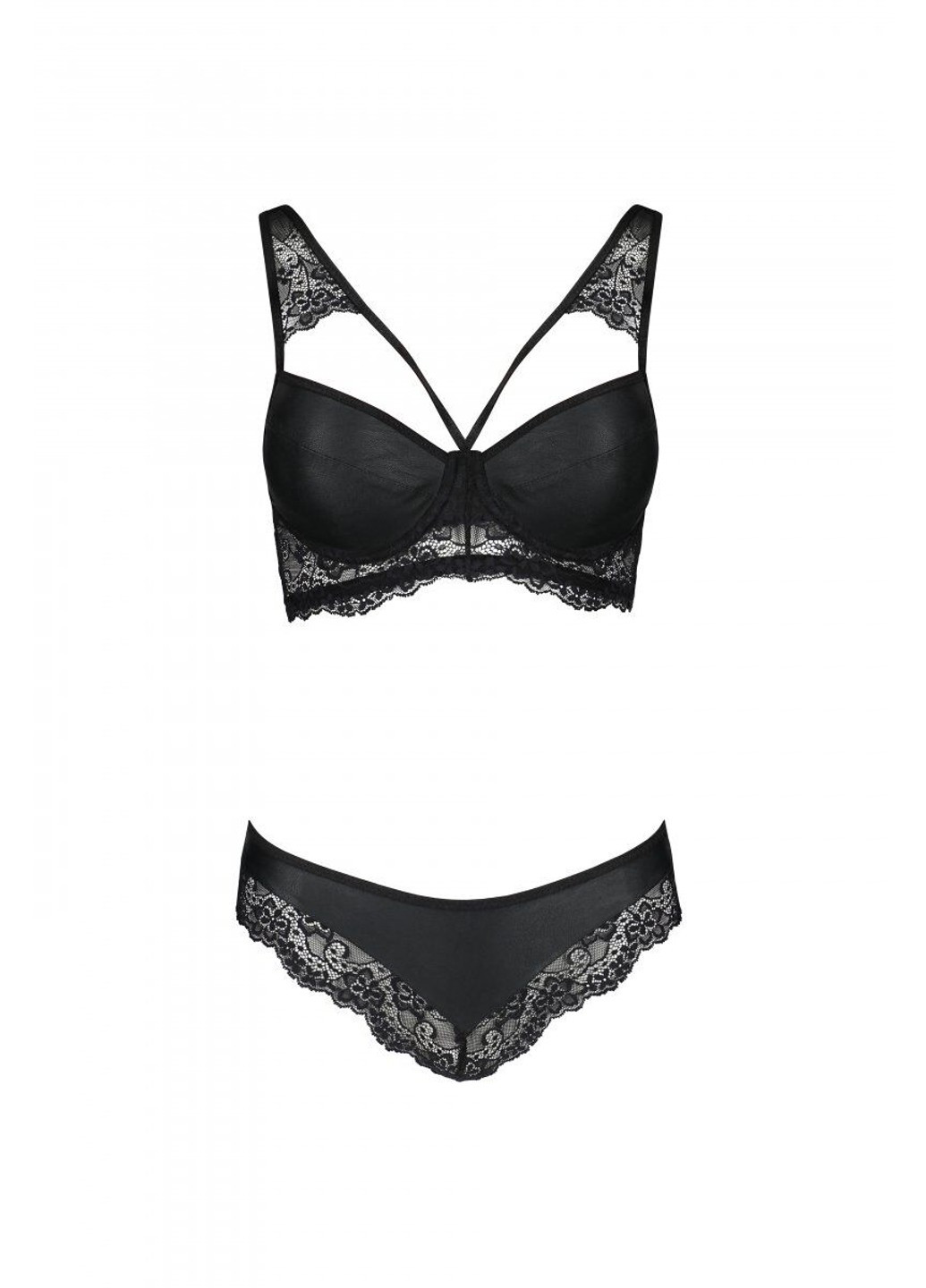 Комплект из эко-кожи с кружевом: бра и трусики Loona Set black L/XL - Passion (255459082)