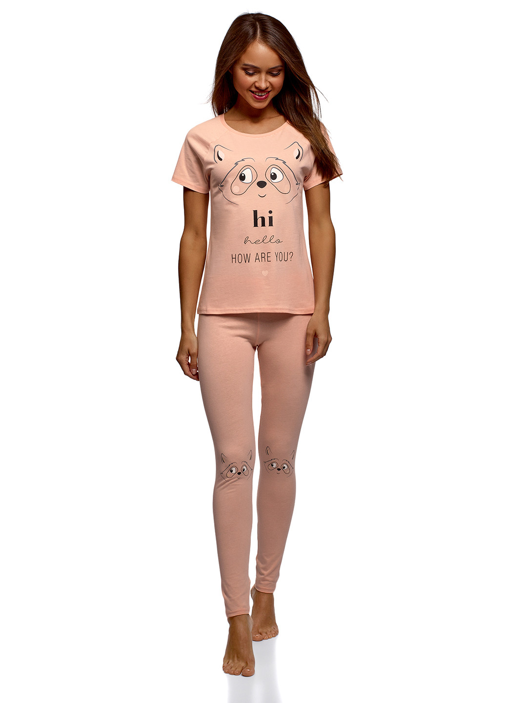 Персиковая всесезон пижама (футболка, леггинсы) Oodji