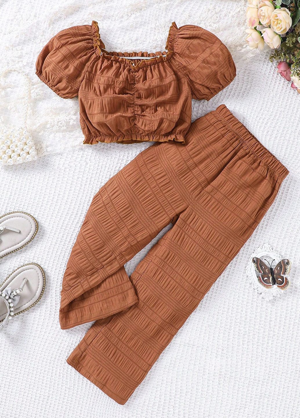 Коричневий літній костюм (топ, штани) SHEIN