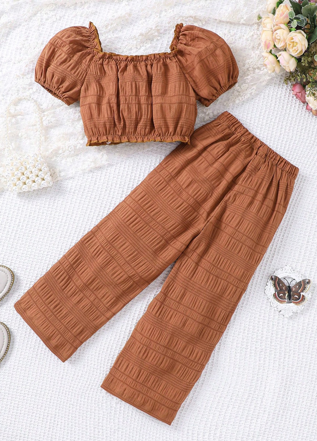 Коричневий літній костюм (топ, штани) SHEIN