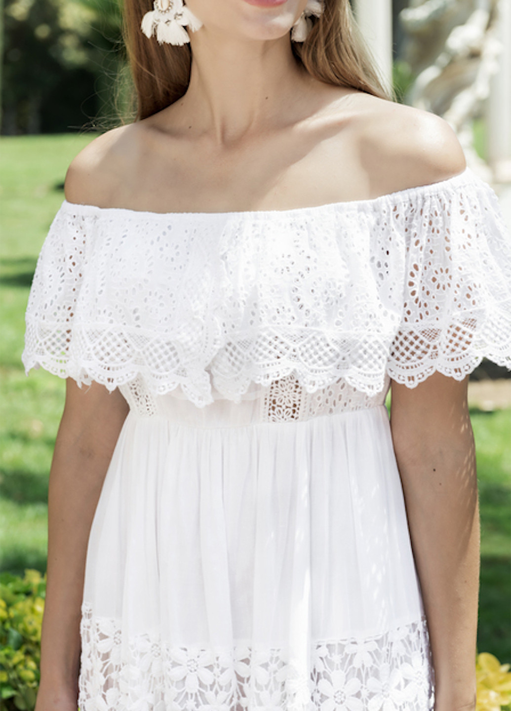 Белое кэжуал платье с открытыми плечами Fresh cotton однотонное