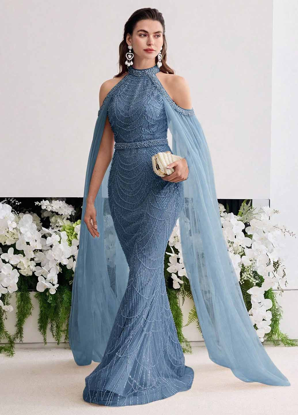 Світло-синя вечірня сукня сукня-кейп, годе SHEIN однотонна