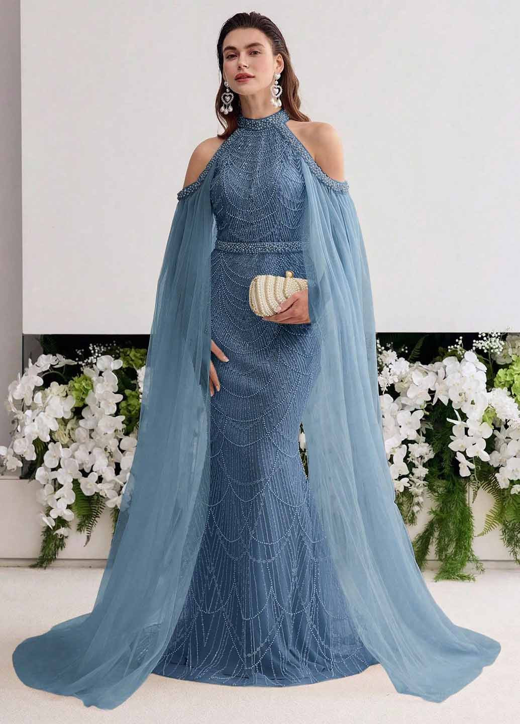 Світло-синя вечірня сукня сукня-кейп, годе SHEIN однотонна