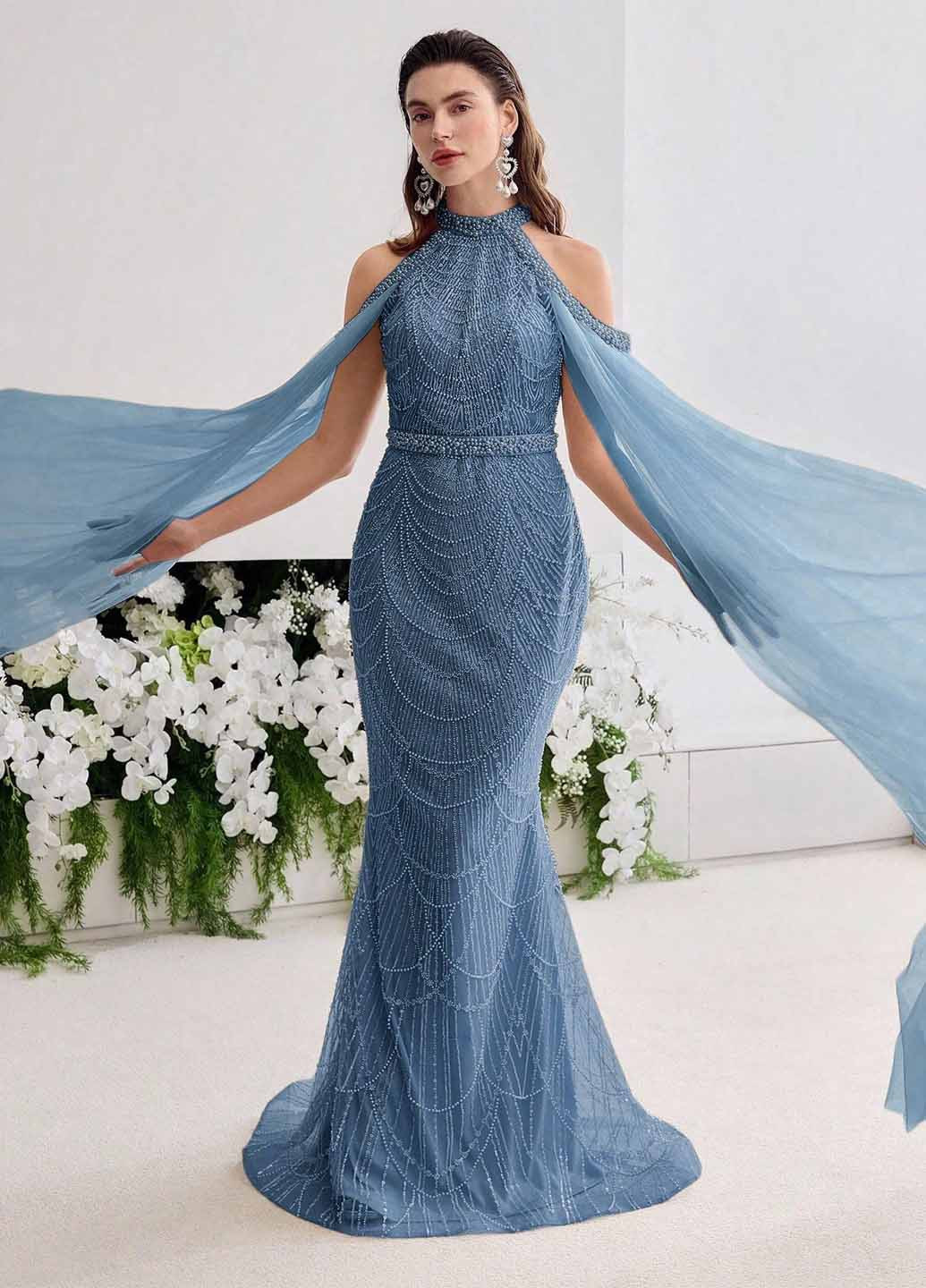 Світло-синя вечірня сукня сукня-кейп, годе SHEIN однотонна