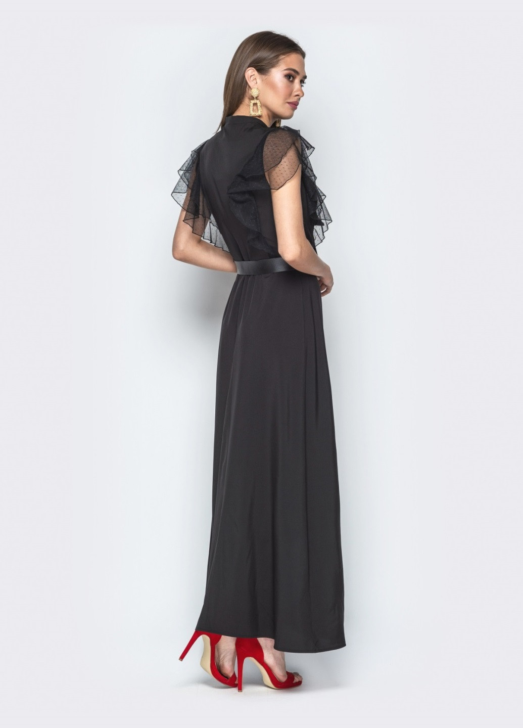 Черное чёрное платье с воротником аскот с рукавом "крылышко" Dressa