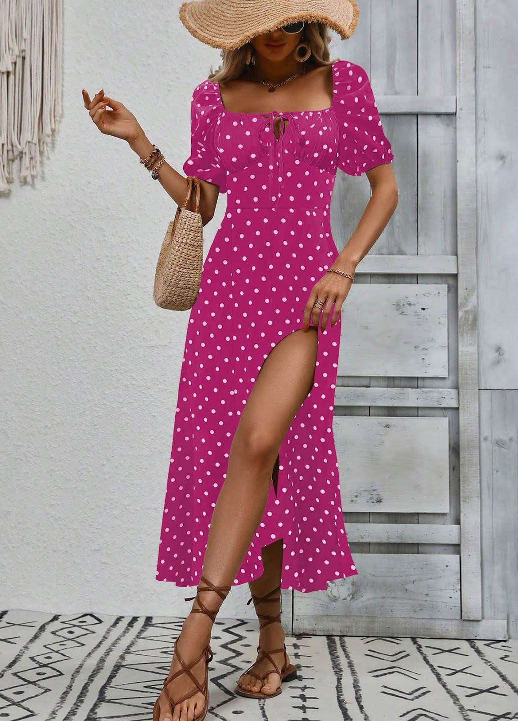 Розовое кэжуал платье клеш SHEIN в горошек