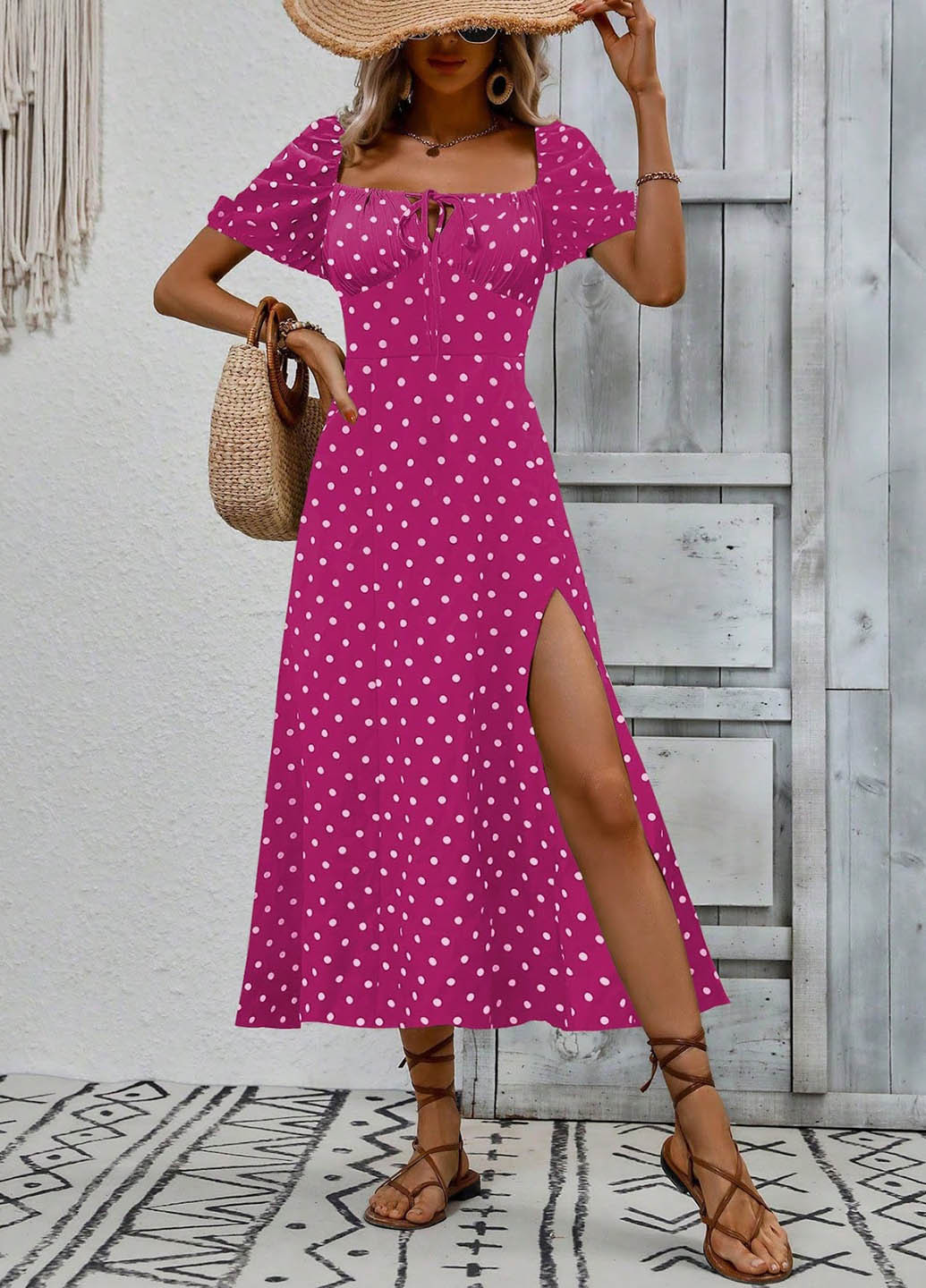 Розовое кэжуал платье клеш SHEIN в горошек