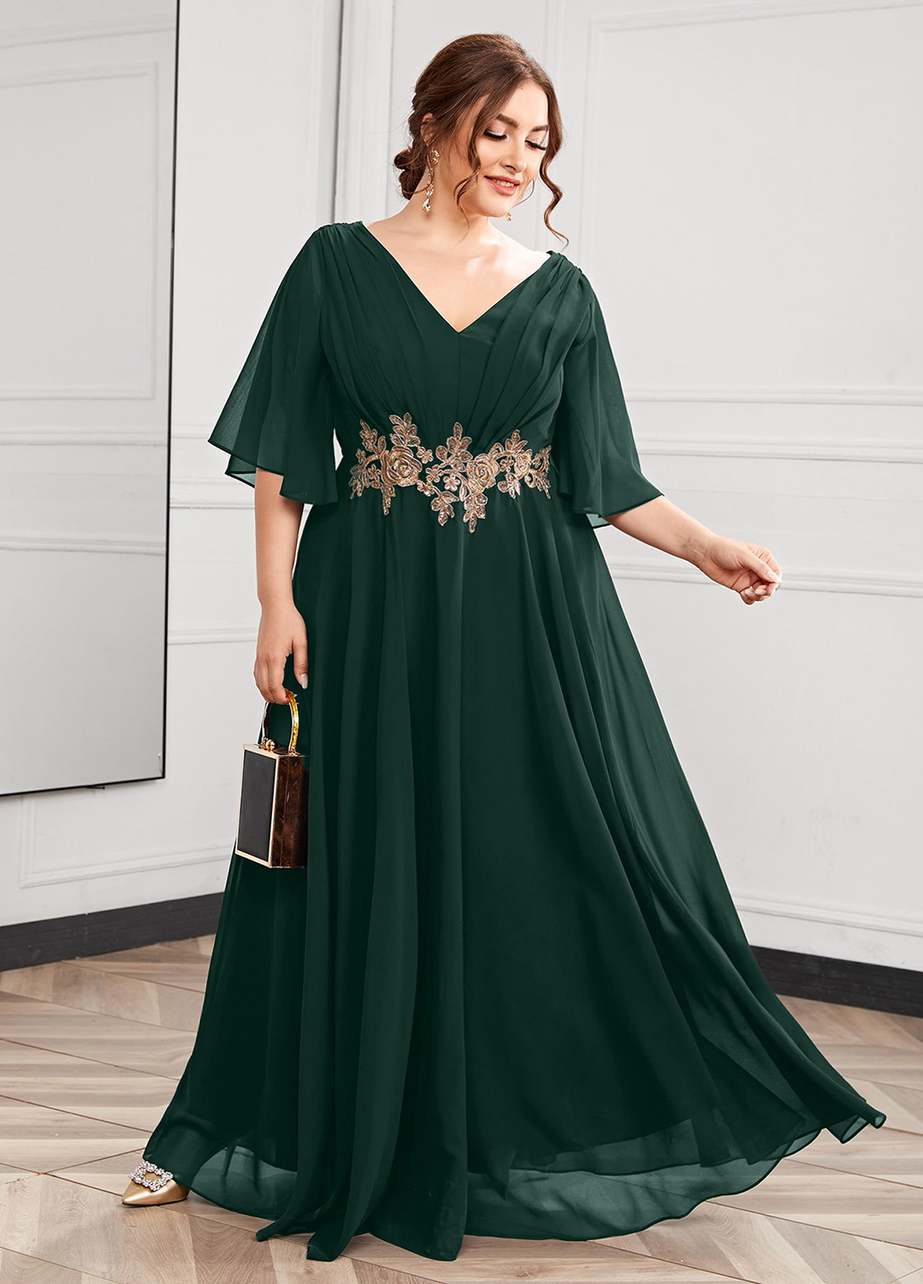 Темно-зеленое вечернее платье клеш SHEIN однотонное