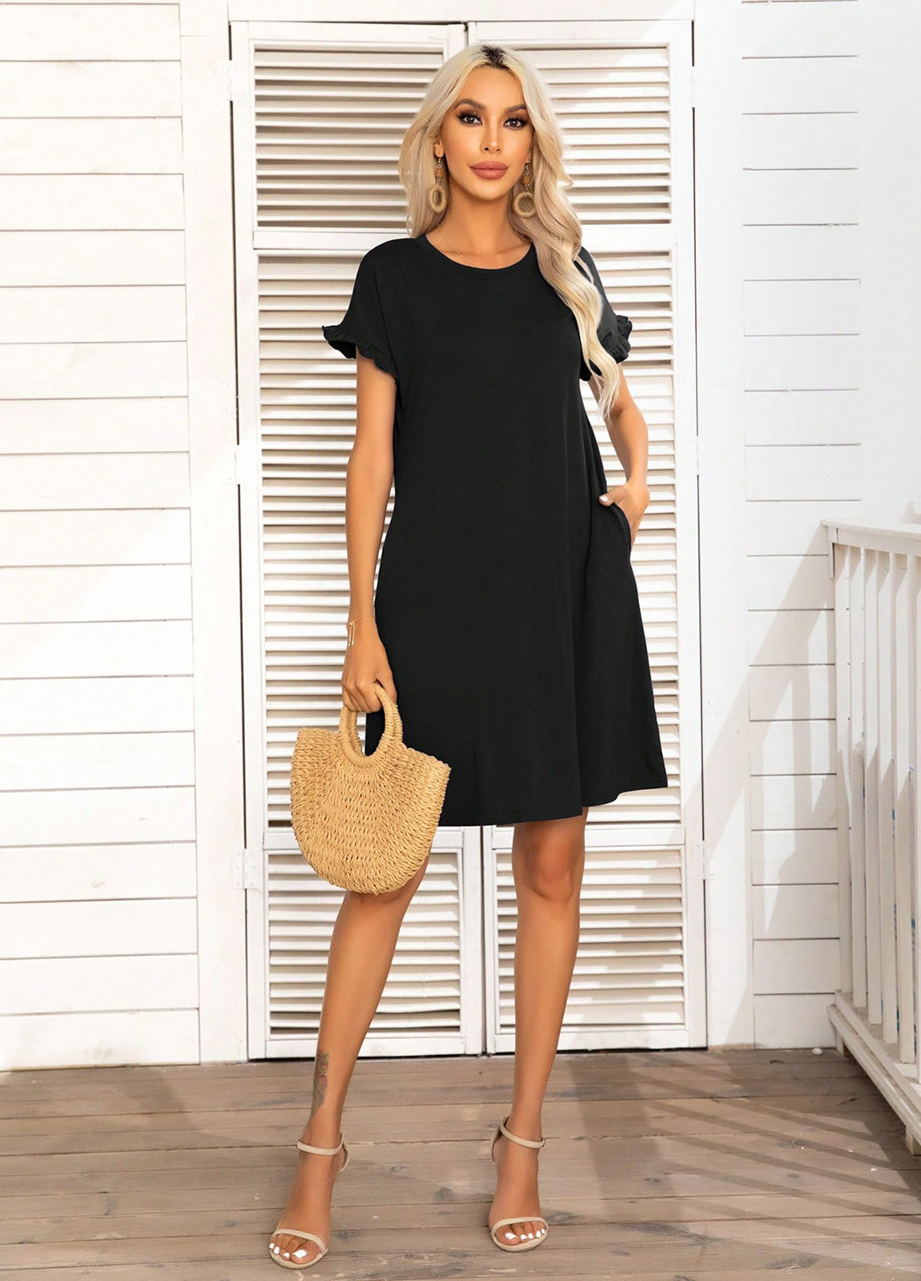 Чорна кежуал сукня сукня-футболка, а-силует SHEIN однотонна