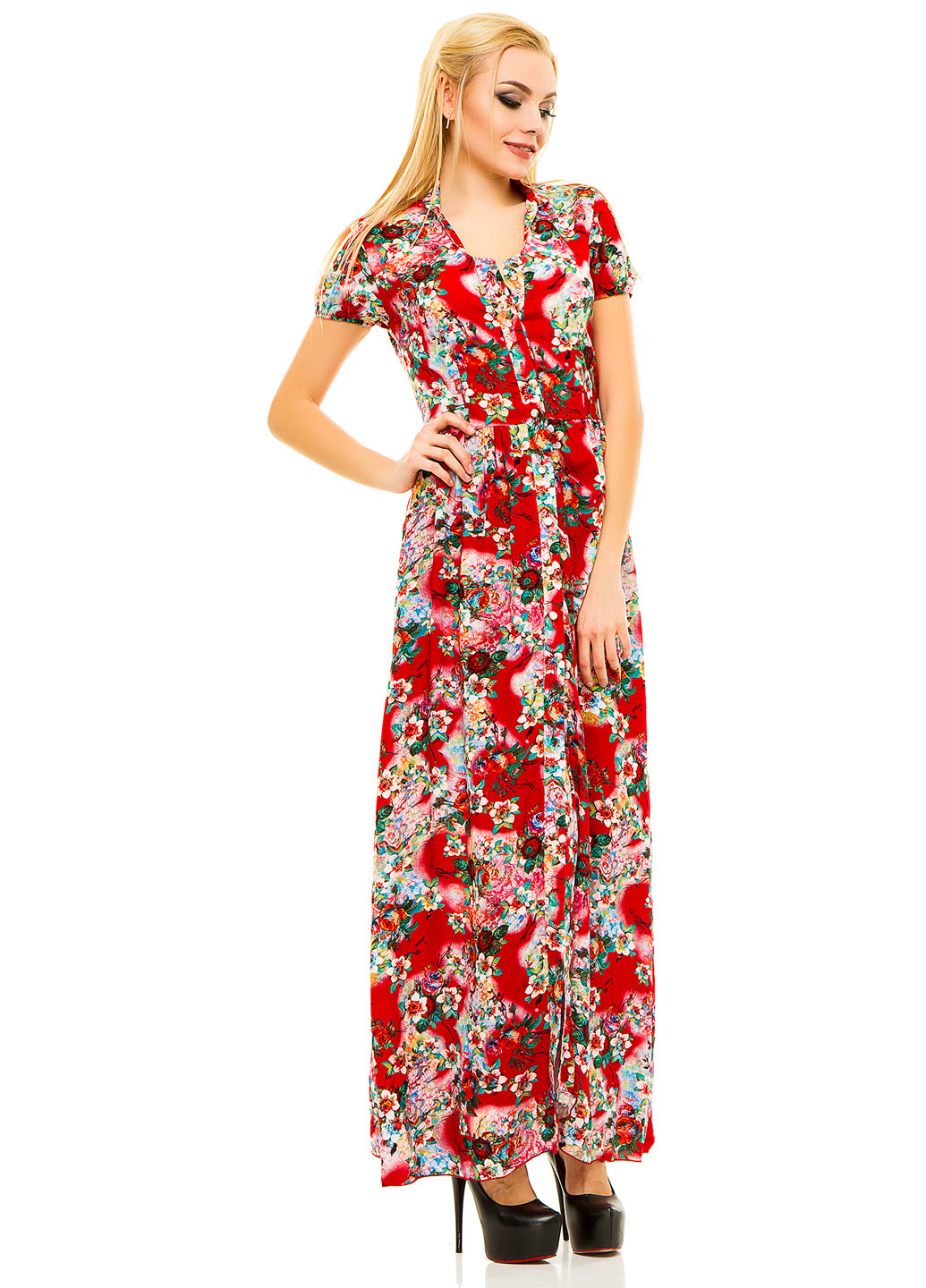 Красное кэжуал платье Lady Style с цветочным принтом